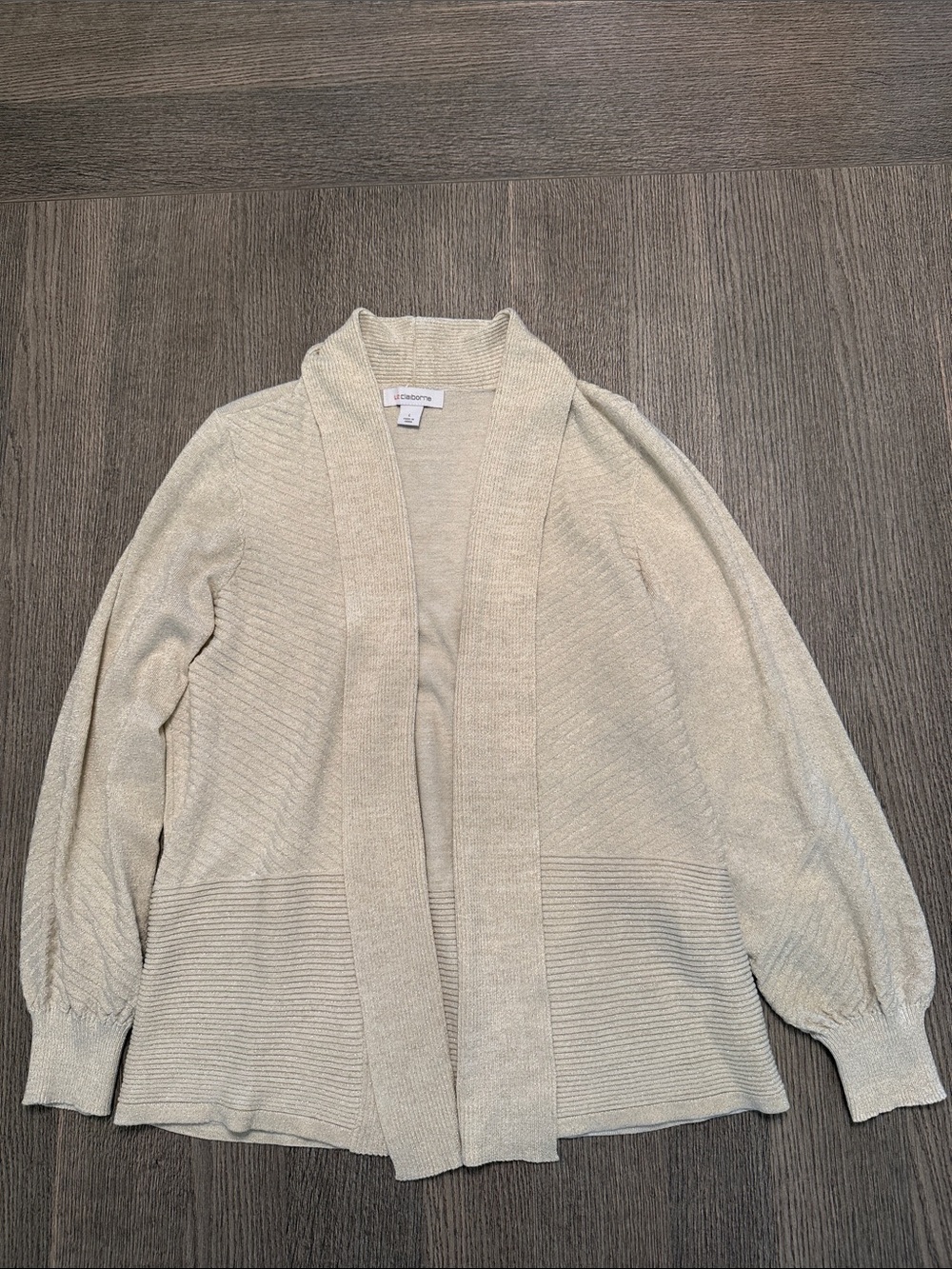 Liz Claiborne Sparkly Cream Open-Front Ribbed Trim Cardigan
